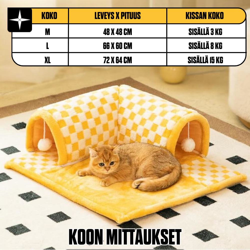 KittyTunnel™ | 2-in-1 Ruutukuvioinen kissanpeti hauskalla pehmoisella tunnelilla